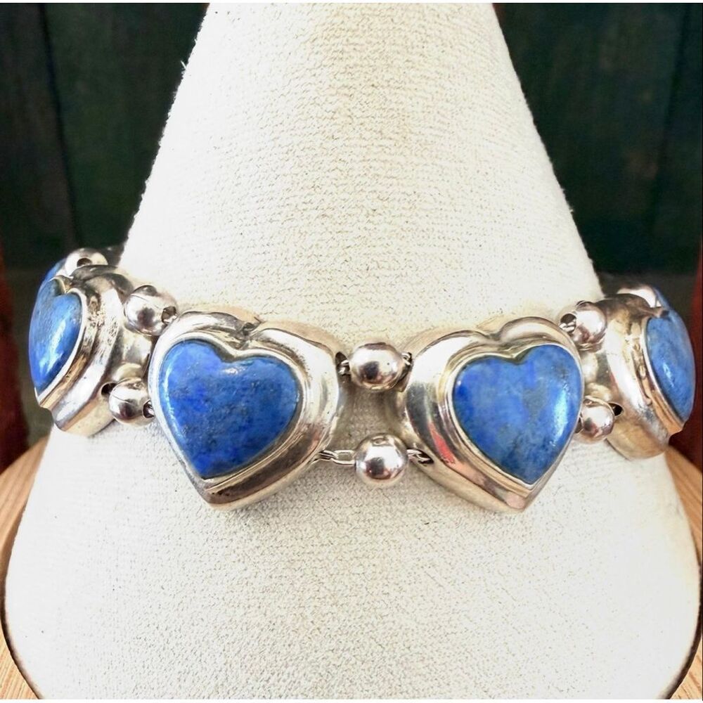 Vintage Thailand 925 Sterling Silver Lapis Lazuli 8 Heart Sliding Link Bracelet
